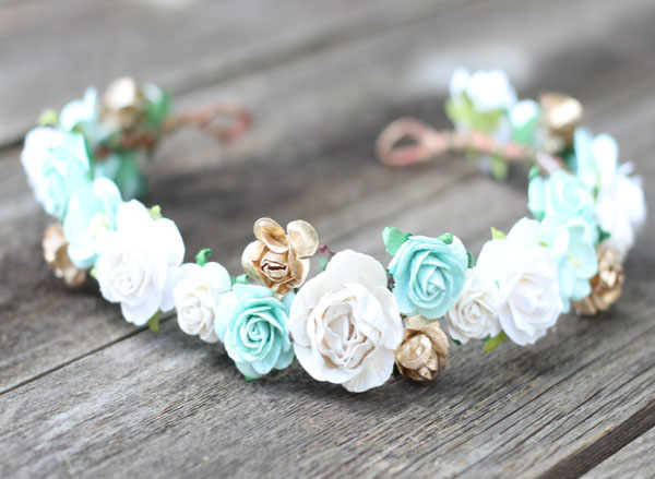 Mint and Gold Flower Crown Wedding Headband Ivory